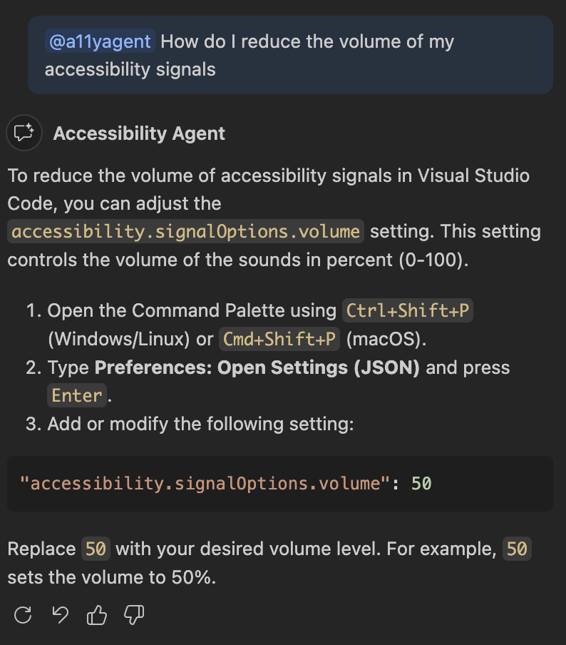 Screenshot of the VS Code chat interface showing a conversation between the user and a11yagent. The user asks how to reduce the volume of accessibility signals in VS Code. a11yagent responds with step-by-step instructions: open the Command Palette, navigate to Preferences > Open Settings (JSON), and set the accessibility.signalOptions.volume JSON property to a number between 0 and 100