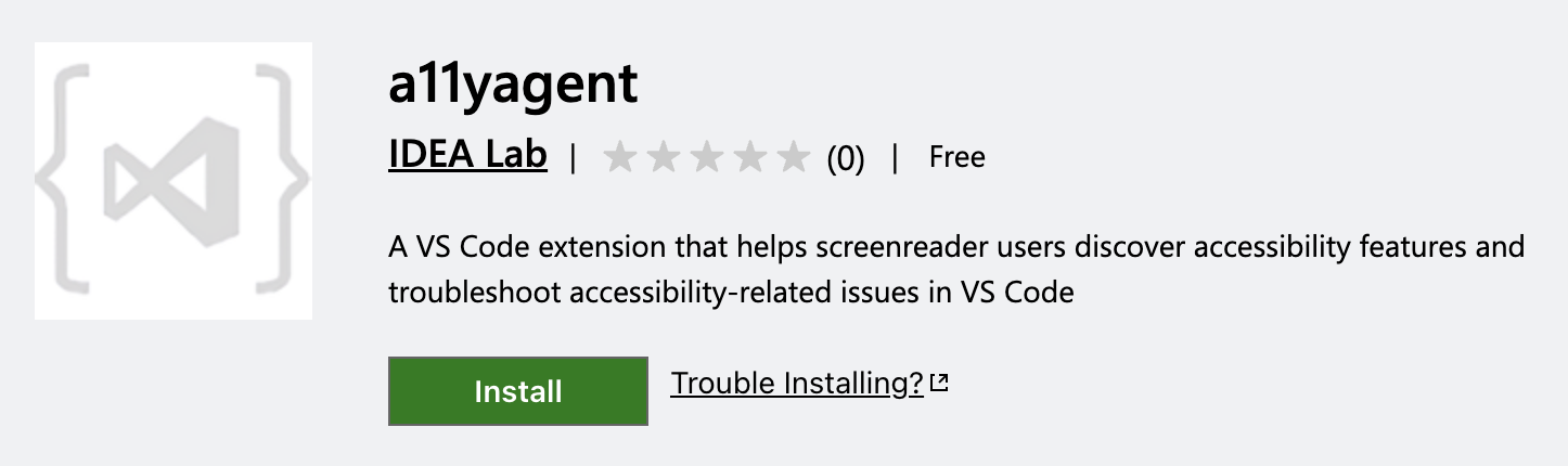 Screenshot of the a11yagent VS Code extension in the VS Code marketplace. The author is listed as IDEA, and the description reads 'A VS Code Extension that helps screen reader users discover accessibility features and troubleshoot accessibility-related issues in VS Code.'