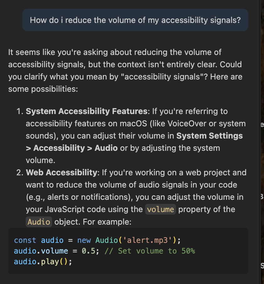 Screenshot of the VS Code chat interface showing a conversation between the user and Copilot. The user asks how to reduce the volume of accessibility signals in VS Code. Copilot offers two suggestions: (1) System Accessibility Features - for macOS features like VoiceOver, adjust volume via System Settings > Accessibility > Audio or the system volume; (2) Web Accessibility — for audio signals in a web project, use the volume property of the JavaScript Audio object.