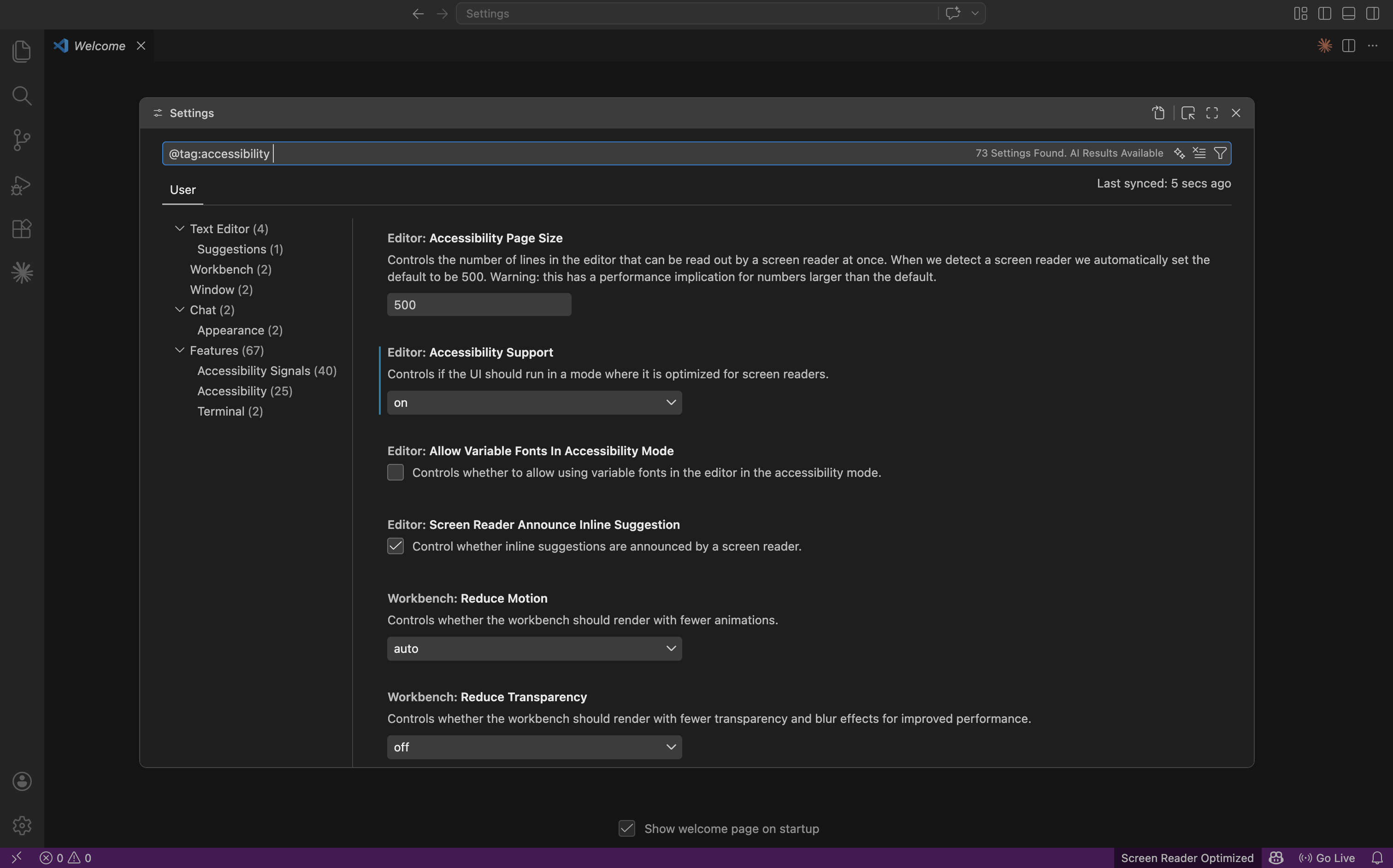 Screenshot of a VS Code window with the settings editor open and the search filter @tag:accessibility applied. Accessibility settings displayed on screen include Editor settings for Accessibility Page Size (set to 500), Accessibility Support(set to on), variable fonts (unchecked), screen reader announcements for inline suggestions(enabled), and workbench settings for Reduce Motion(set to auto) and Reduce Transparency (set to off).