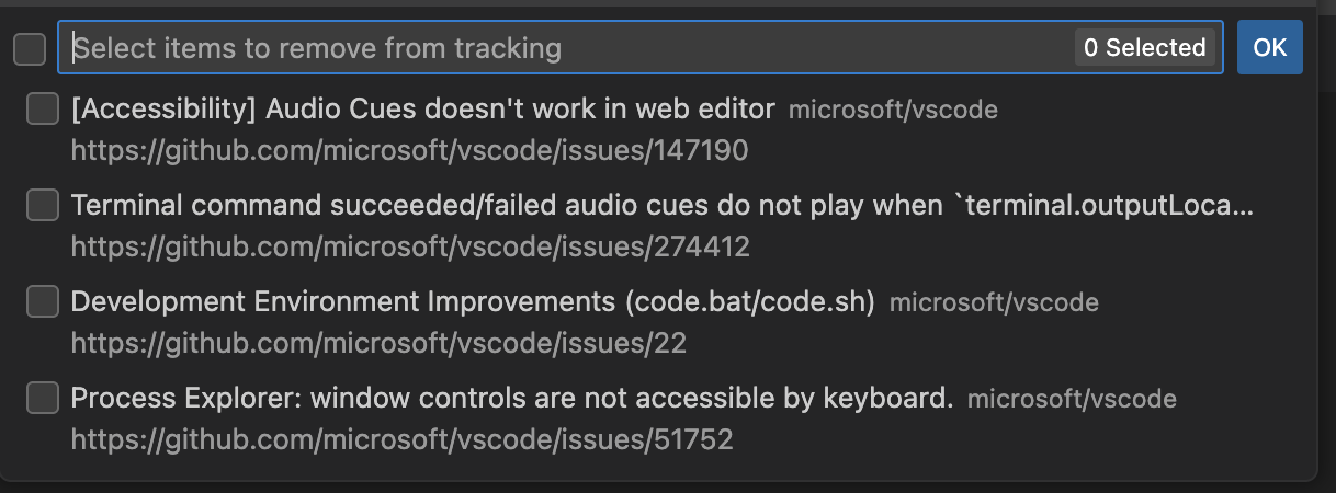 Screenshot of a VS Code Quick Pick menu showing a list of 3 tracked GitHub issues. Each issue has a title, the corresponding link below, and a checkbox next to it to select for deletion. The search text reads select issues to remove from tracking